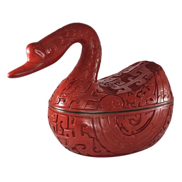 Vintage Red Cinnabar Duck Goose Swan Figure Lidded Box Lacquered - Picture 4 of 10